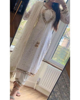Ready To Wear White Pure Georgette With Fancy Embroidery Thread Work Pant Suit With Dupatta